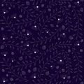 Vector seamless floral pattern on the dark blue, violet background. Flowers, branches, leaves, small elements texture, background