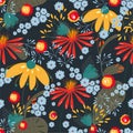 Vector seamless floral pattern on dark coloured background.Texture, background, wallpaper