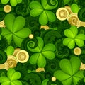 Vector Seamless Floral Pattern with Decorative Clover and Gold Coins Royalty Free Stock Photo