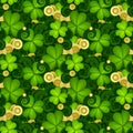 Vector Seamless Floral Pattern with Decorative Clover and Gold Coins Royalty Free Stock Photo