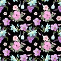 Vector seamless floral pattern drawing of a bouquet of flowers with buds and leaves isolated on a black background for fabric Royalty Free Stock Photo