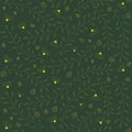 Vector seamless floral pattern on the green background. Flowers, branches, leaves, small elements texture