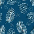 Vector seamless floral pattern of hand-drawn pink and green lines on blue background of monstera leaves and tropical plumeria