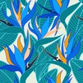 Vector seamless floral pattern with herbaceous plant of strelitzia. Royalty Free Stock Photo