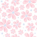 Vector seamless floral pattern in pastel colors on a white background pink flowers of different sizes and blue polka dots