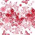 Vector Seamless floral pattern of pink hearts and butterflies. D Royalty Free Stock Photo