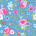 Vector seamless floral pattern with pink roses, peony flowers and branches on blue background Royalty Free Stock Photo