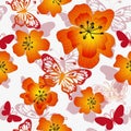 Vector seamless floral spring pattern with gradient flowers and butterflies in doodle style Royalty Free Stock Photo