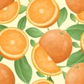 Vector seamless citrus fruit pattern. Halves and slices of bright oranges with green leaves. Sweet healthy natural food dessert Royalty Free Stock Photo