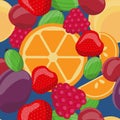 Vector seamless fruit pattern, oranges, gooseberries, strawberries, plums, cherries, raspberries, apricot