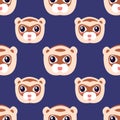 Vector seamless fun children`s pattern with funny ferret faces on a dark purple background