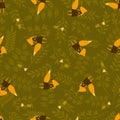 Vector seamless funny foxes pattern with floral elements