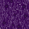 Vector. Seamless gentle, linear, fashionable, isolated pattern on a purple background. Retro style. Trend and floral