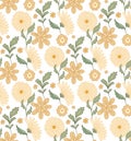 Vector seamless gentle pattern with groovy flowers and stems on white background. Nature tender texture for fabric. Retro flower Royalty Free Stock Photo