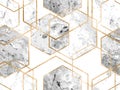 Seamless geometric pattern with gold glitter lines and marble polygons
