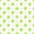 Vector seamless geometric pattern with doodle brocolli icon on green stains with polka dot. Hand drawn illustration for