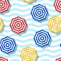 Vector seamless geometric pattern. Flat 3d style beach umbrella and wavy striped background.