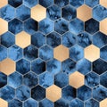 Seamless abstract geometric pattern with gold foil and deep blue watercolor hexagons Royalty Free Stock Photo