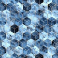 Seamless Geometric Pattern With Gold And Blue Watercolor Polygons. Abstract Hexagons Background