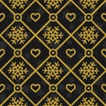 Vector seamless geometric pattern with golden snowflakes on black background. Royalty Free Stock Photo