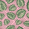 Vector seamless geometric pattern with green monstera leaves on pink background