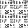 Vector seamless geometric pattern of hand-drawn squares, stripes, lines, dots, triangles, zigzags. Ethnic color pattern on a white Royalty Free Stock Photo