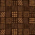 Vector seamless geometric pattern of hand-drawn squares, stripes, lines, dots, zigzags. Ethnic color pattern on a dark background Royalty Free Stock Photo