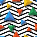 Vector seamless geometric pattern. Multicolor triangles and black, white zigzag background