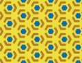 Vector seamless geometric pattern. Shaped blue hexagons, brown lines, arrows, yellow background Royalty Free Stock Photo