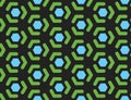 Vector seamless geometric pattern. Shaped blue hexagons, green lines, arrows, black background Royalty Free Stock Photo
