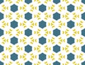 Vector seamless geometric pattern. Shaped blue hexagons, yellow lines, triangles on white background Royalty Free Stock Photo