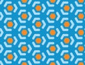 Vector seamless geometric pattern. Shaped brown hexagons, light blue lines, arrows, blue background Royalty Free Stock Photo