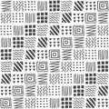 Vector seamless geometric pattern of squares, stripes, lines, waves, triangles, dots, zigzags, hand-drawn. Ethnic dark gray Royalty Free Stock Photo