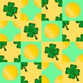 Vector seamless geometric pattern for St. Patrick's Day. Gold coins and clover. Royalty Free Stock Photo