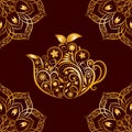 Vector Seamless Gold Floral Teapot and Mandala Pattern