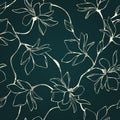 Seamless gold and green floral pattern with magnolia flowers. Vector illustration.