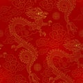 Vector seamless golden Chinese pattern with outline Chinese Dragons, clouds and Symbol of Prosperity