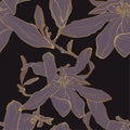 Vector seamless golden floral pattern with magnolia flowers and leaves. Royalty Free Stock Photo