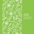 Vector seamless green background with vegetables and cereal grains icons.