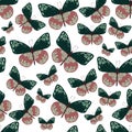 Vector seamless green and pink color butterflies pattern