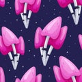 Vector seamless halloween pattern. Bright neon pink poisonous mushrooms. Fabulous magic forest toadstools on a dark background Royalty Free Stock Photo