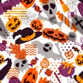 Vector Seamless Halloween Pattern. Doodle Pumpkin, Skull, Witch Hat, Bones On White Background.