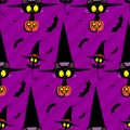 Vector seamless Halloween pattern made up of bats and funny black kittens in huge pointy witch hats. Royalty Free Stock Photo
