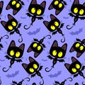 Vector seamless Halloween pattern made up of bats and funny flying black kittens with wings Royalty Free Stock Photo