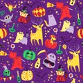 Vector seamless Halloween pattern with magic traditional elements on purple background Royalty Free Stock Photo