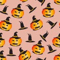 Vector seamless Halloween pattern. Halloween pumpkin background. Halloween pumpkin in a witch hat. Vector illustration Royalty Free Stock Photo