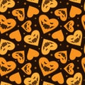 Vector seamless Halloween pattern. Scary hearts on dark brown background.