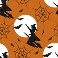 Vector seamless halloween pattern with silhouettes of witches on a broomstick,