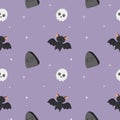 Vector seamless halloween pattern with skull, bat, headstone isolated on purple background. Perfect for for fabric, wrapping,