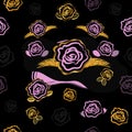 Vector Seamless Hand Brushed Gold Glitter Pattern with the Pink Rose Flowers on a Dark Background. Royalty Free Stock Photo